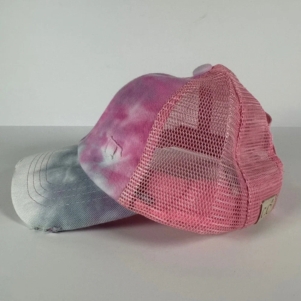 CC Kids Pink Tie Dye Distressed Baseball Cap Criss Cross‎ Ponytail Trucker Hat